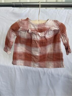0-3m Rust Plaid Long-Sleeve Top with Ruffle